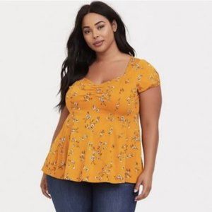 Torrid- Golden Orange Floral Stretch Challis Fit & Flare Top